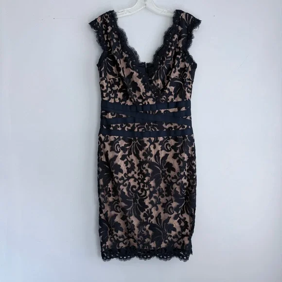 Tadashi Shoji Lace & Tulle Sheath Dress 6 Navy Nude Cocktail Party Wedding Guest - Picture 2 of 15